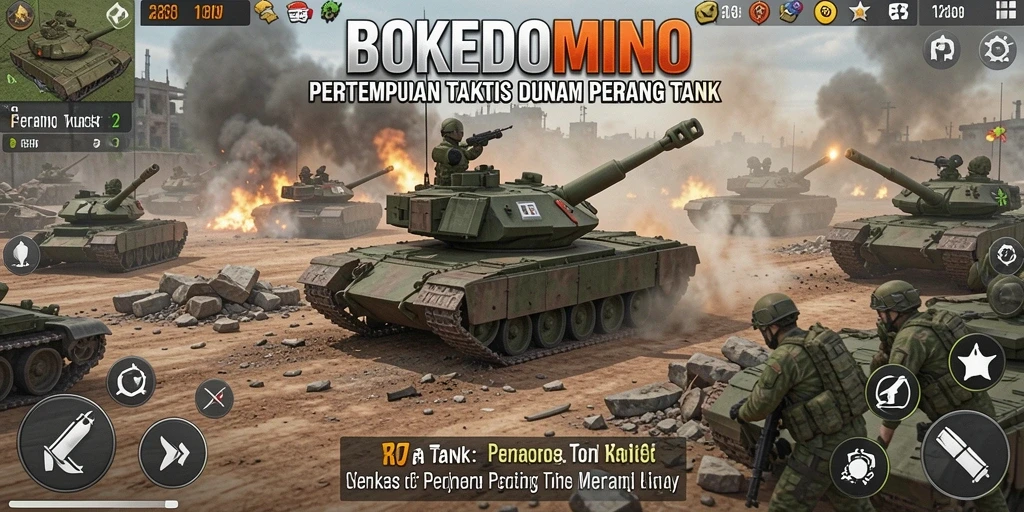 Screenshot BOKEDOMINO menampilkan medan perang tank yang mendebarkan.