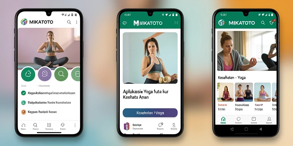 Antarmuka MIKATOTO menampilkan berbagai pose Yoga dan sesi latihan.